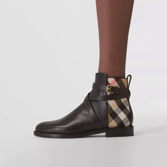House Check and Leather Ankle Boots