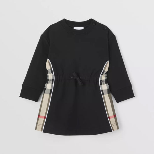 Long-sleeve Check Panel Cotton Dress