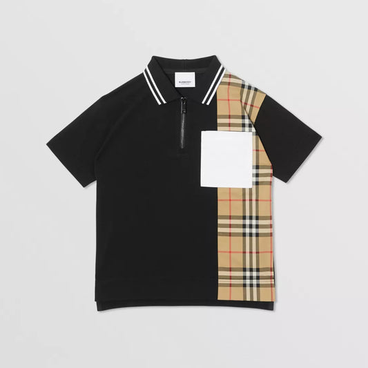 Vintage Check Panel Cotton Zip-front Polo Shirt
