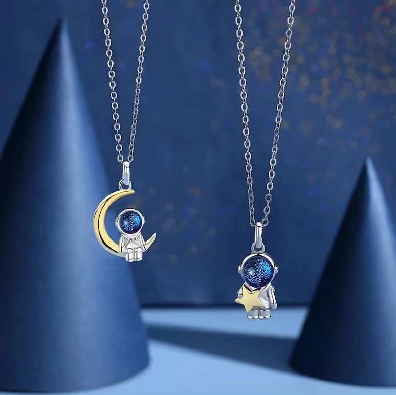 Adorable astronaut necklace. Astronaut pendant sitting on the moon or with a star. Sterling silver 925. Gift for women and couples