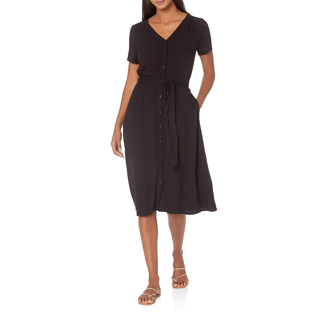 Short-Sleeve Midi Button Front Tie Dress