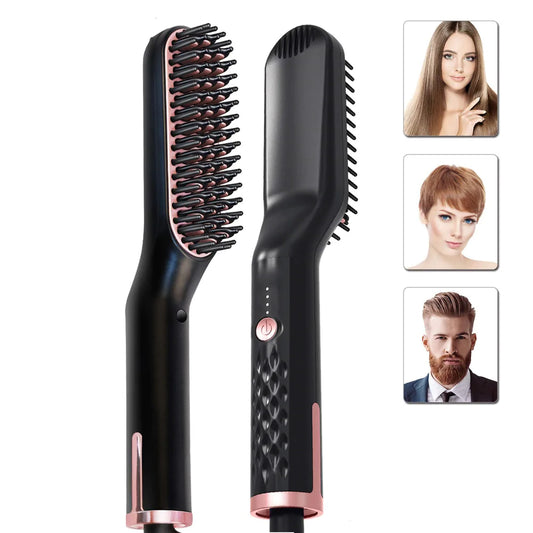 2 IN1 HAIR STRAIGHTENER BRUSH HEATING BEARD CLIP COMB STYLER ELECTRIC IONIC STRAIGHTENING BRUSH