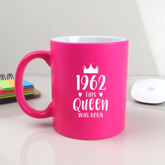 Neon Pink Engraved Coffee Mug Cup "1962 This Queen Was Born" Design, Grandma 60th Birthday Gifts for Women, Her, Sixtieth Mum