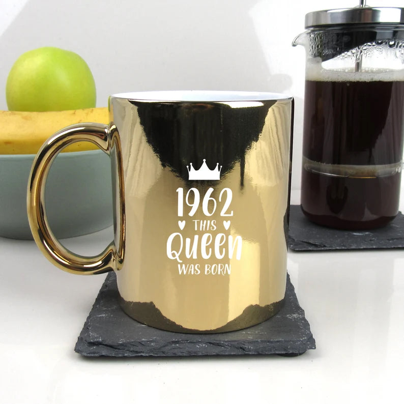 Neon Pink Engraved Coffee Mug Cup "1962 This Queen Was Born" Design, Grandma 60th Birthday Gifts for Women, Her, Sixtieth Mum